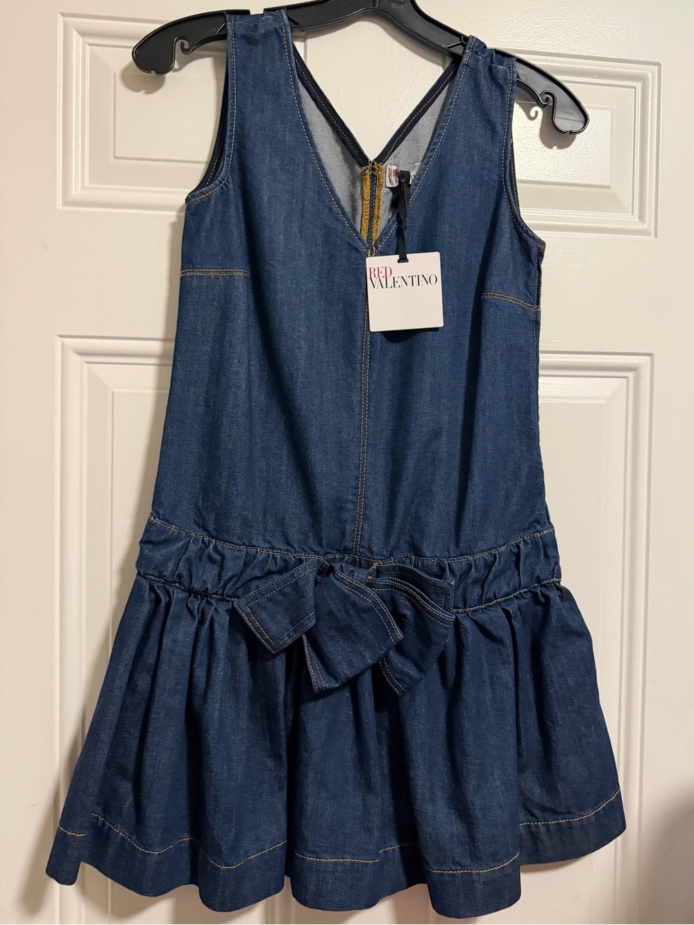 RED Valentino Girls' Dark Blue Denim Bow-Waist Dress